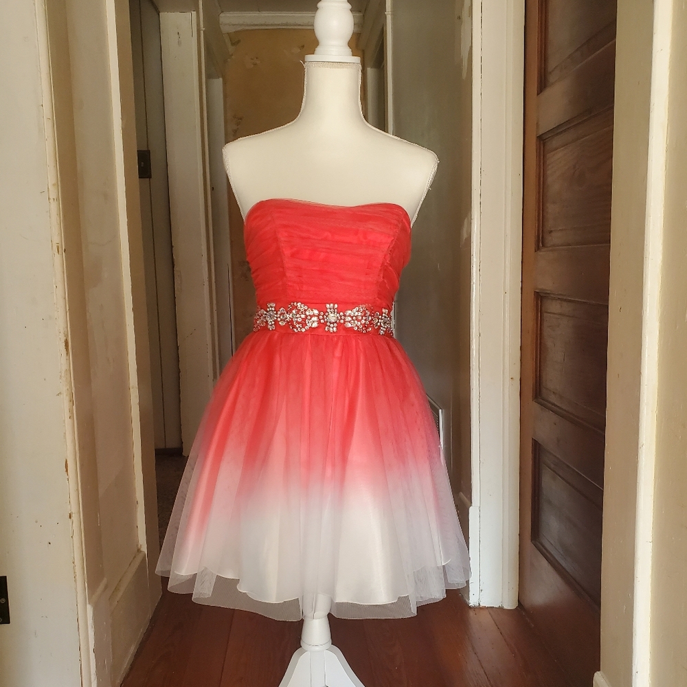 B Darlin Coral and White Strapless Prom Dress